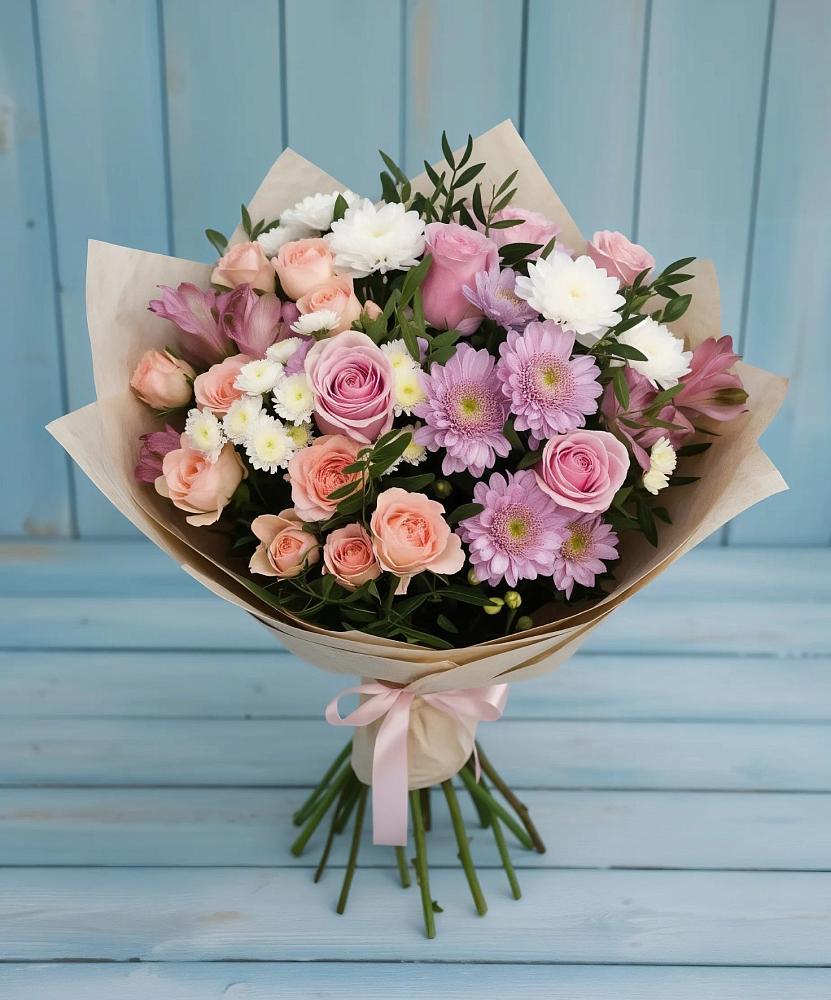 Букет цветов из: Хризантемы, Розы и Альстромерии в Сонино