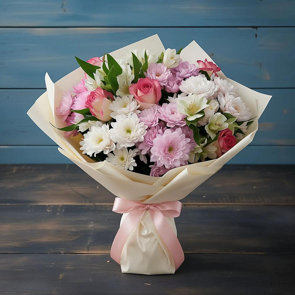 Букет цветов из: Хризантемы, Альстромерии и Розы в Сонино